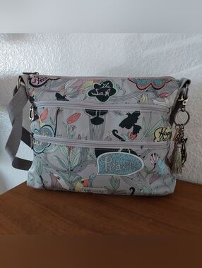 Sakroots Peace Bird Floral Print Crossbody Bag in Light Gray with Pastel